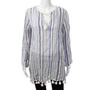 C&C California Women Black Striped Linen Tunic Long Sleeve Drawstring Size S